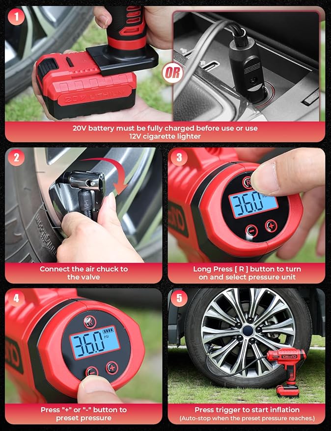 YOHOOLYO Tire Inflator Portable Air Compressor for Car 20V Cordless Tire Pump Rechargeable Battery Powered 12V DC Car Adapter Auto Stop Digital Pressure Gauge Motorcycle Bike 150PSI Red