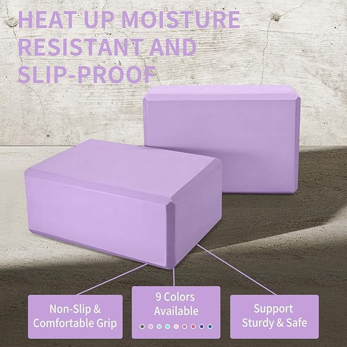 Yoga Block 2 Pack 9"x6"x3", Sturdy Yoga Foam Blocks, High Density & Non Slip Surface for Pilates & Stretching, Fitness Accessories for Stability & Balance