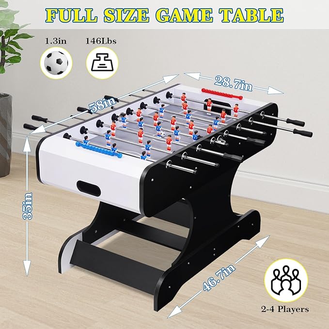 Foosball Table, 58inch Competition Soccer Table Game w/ 2 Balls for Adult Kids Youth, Heavy-Duty Arcade Table Soccer for Home, Game Room