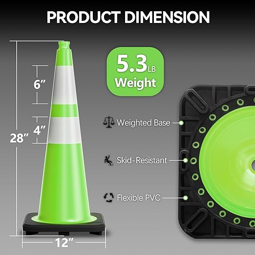 28 Inch Traffic Cones with Heavy Weighted Base (8 Pack) - Green Safety Cones with Reflective Collars for Parking Lots, Road Construction, and Event Control