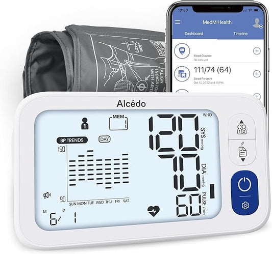 Alcedo Bluetooth Blood Pressure Monitor for Home Use, Accurate Upper Arm Smart BP Machine with Wide Range Cuff, App-Enabled for iOS & Android, Super Large Backlit Screen, 2 x 250 Memory