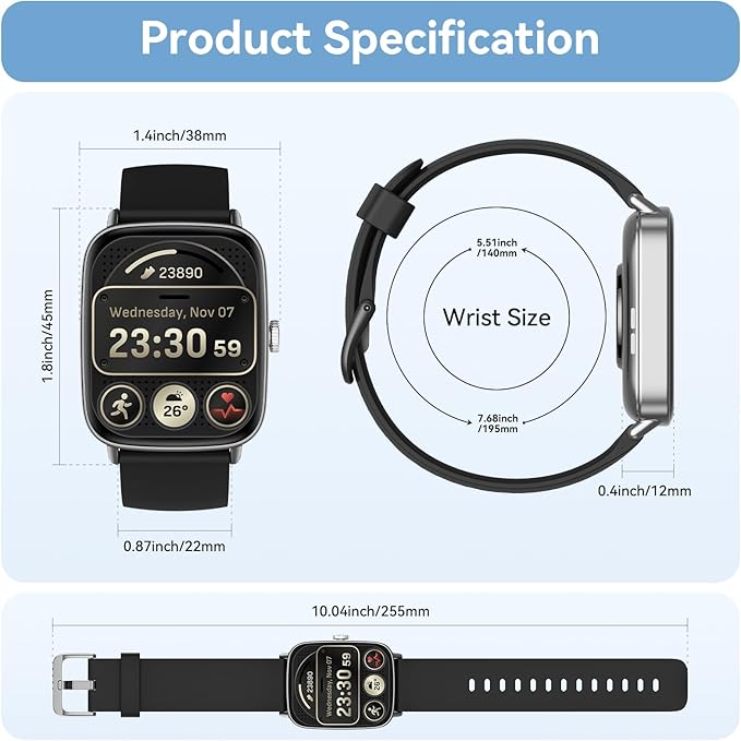 Tensky Smart Watch for Men/Women Android & iPhone, 1.85" Touch Screen Fitness Tracker with Answer/Make Call, IP68 Waterproof Heart Rate/SpO2/Sleep Monitor, Pedometer, 100+ Sport Modes (2 Bands)