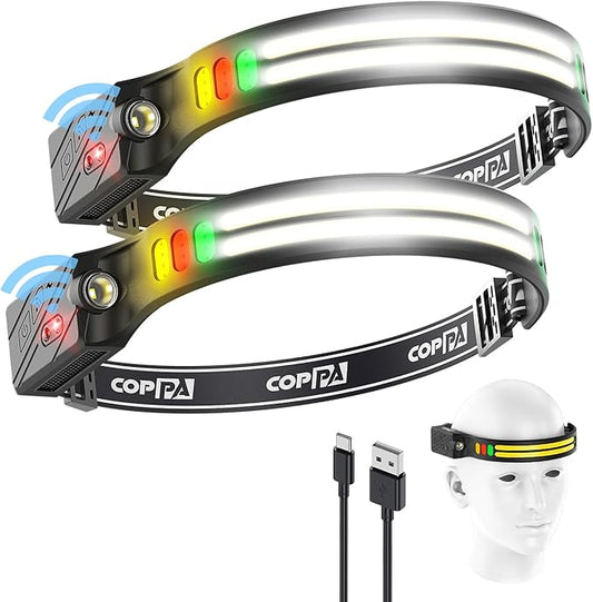 COPPA Headlamp, H4C Headlamp Rechargeable 2Pack with White & Yellow & Red & Green Floodlight & Spotlight Mini Portable with Motion Sensor Super for Camping Running Fishing Climbing Hiking Maintenance