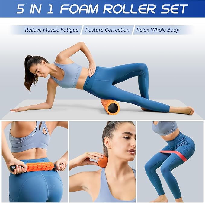 5 in 1 Foam Roller High Density Foam Roller Set for Deep Tissue Muscle Massage, 18" Trigger Point Fitness Exercise Massage Roller Self-Myofascial Release for Whole Body