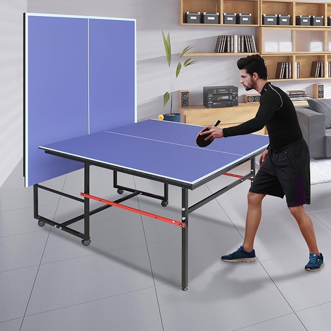 Professional Table Tennis Table, Foldable Ping Pong Game Set for Indoor, 8FT 9FT Single Player Playback Mode Ping Pong Table with Net and Post Set, 2 Paddles and 3 Balls