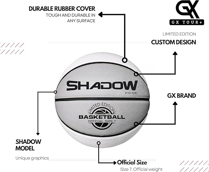 Shadow Limited Edition Basketball, Regulation Size 7, 29.5 inches, White Grey. Indoor and Outdoor. Great Gift idea.