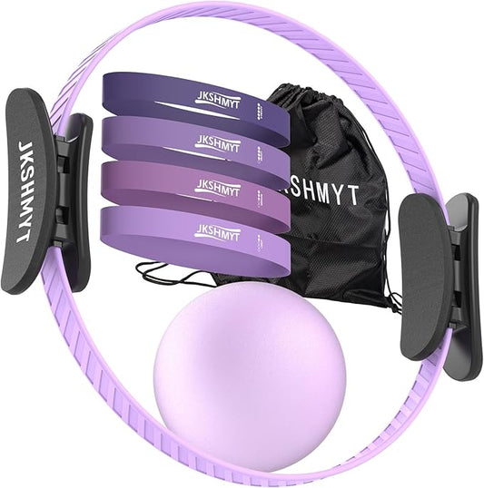 JKSHMYT Pilates Ring-14.5" Home Pilates kit with Padded Handles, Mini Ball, Resistance Bands, Guide & Bag, Better me Pilates Essentials Circle Set for Workouts Women