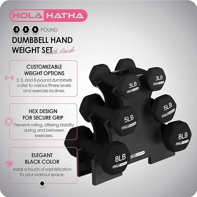 HolaHatha 2, 3, 5, 8, and 10 Pound Neoprene Dumbbell Free Hand Weight Set with Rack, Ideal for Home Exercises to Gain Tone and Definition, Pastel