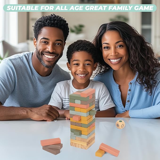 Wooden Blocks Stacking Games, 48PCS Tumbling Stacking Blocks Game for Kids and Families, Wood Colorful Balancing Blocks Montessori Toys for Kids