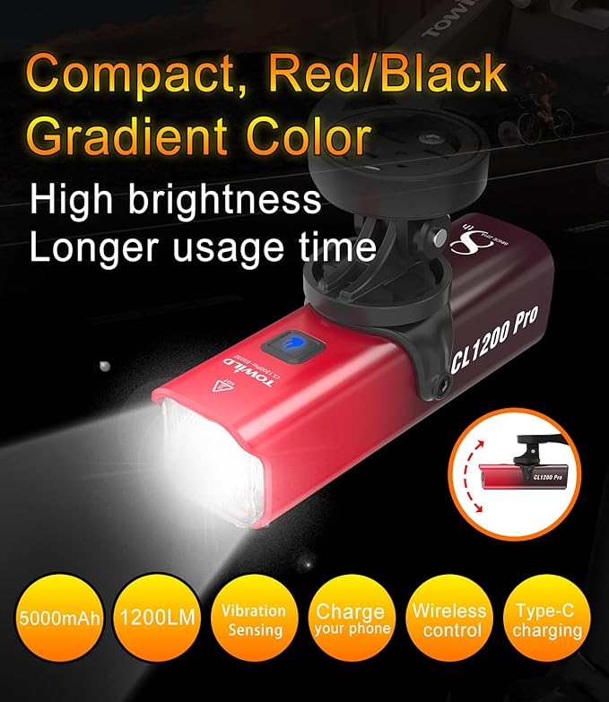 TOWILD CL1200 Bike Lights for Night Riding,Compatible with Garmin/GoPro Mount,1200 Lumen Bright Bike Headlight,Rechargeable Battery,Waterproof Bike Front Light for Commuter Cyclists