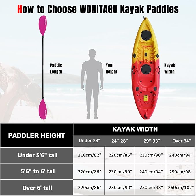 Kayak Paddle with Fiberglass Shaft and Reinforced Nylon Blade, Adjustable Kayaking Oars, 3 Piece, 230-250 cm/90-98 inches, 210-230 cm/82-90 inches