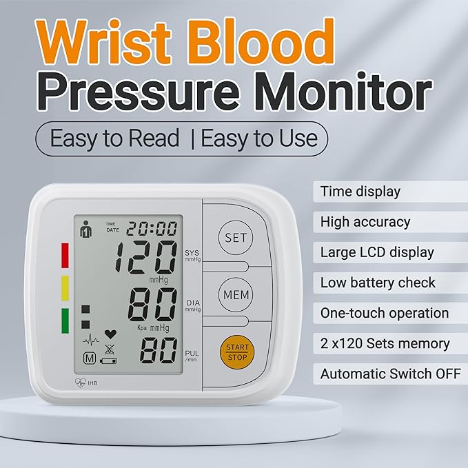 Wrist Blood Pressure Monitors for Home Use Blood Pressure Machine with Bp Cuff 5.47-7.68", Voice Broadcast, 2x120 Memory, Measurable Board Carrying Case and AAA Battery Bp Monitor(White)