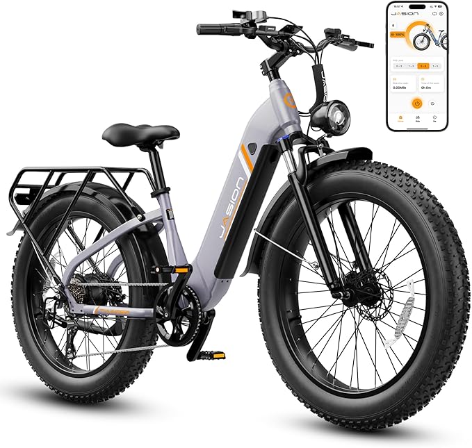 Jasion Thunder Electric Bike, 30+MPH 1500W Peak Motor E Bikes, 80Miles Range with 864Wh Battery, Hydraulic Disc Brakes, Front Suspension, 26'' x 4'' Fat Tire Adults Electric Bicycles, APP Control
