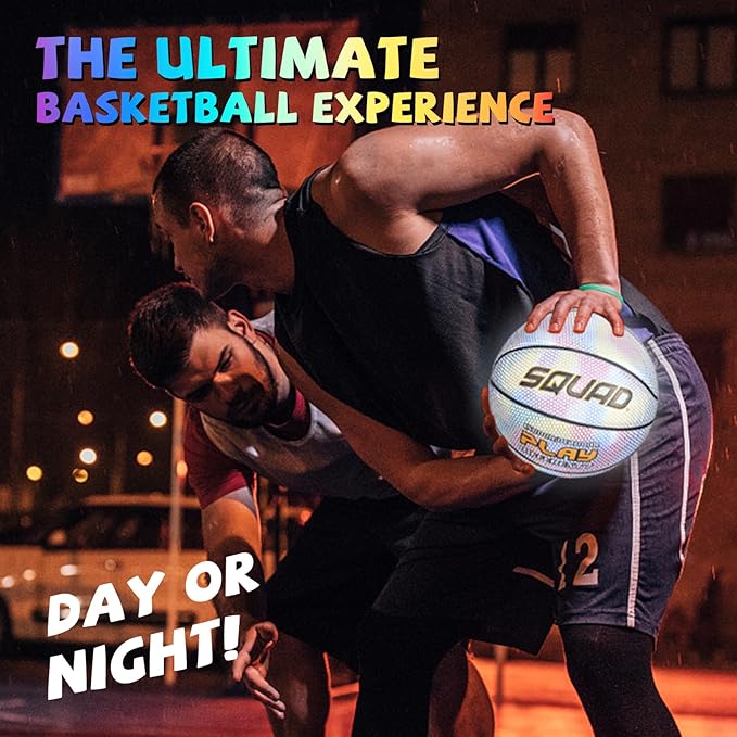 SQUAD NightPlay Reflective Basketball Size 5, Size 7 - Cool Holographic Glow Basketball for Night Game, Ideal Gift for Boys Girls 10-14 Year Old, Cool Teen Toys
