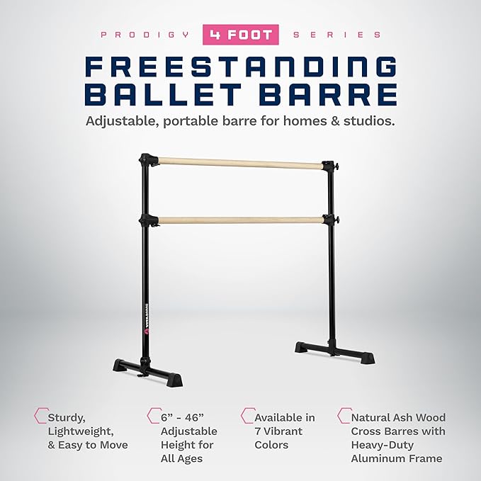 VITA Barre Portable Freestanding Double Ballet Barre, Prodigy, Wood | Adjustable Height, USA Made, Home or Gym Exercise Equipment for Kids & Adults | Dance, Fitness, Pilates
