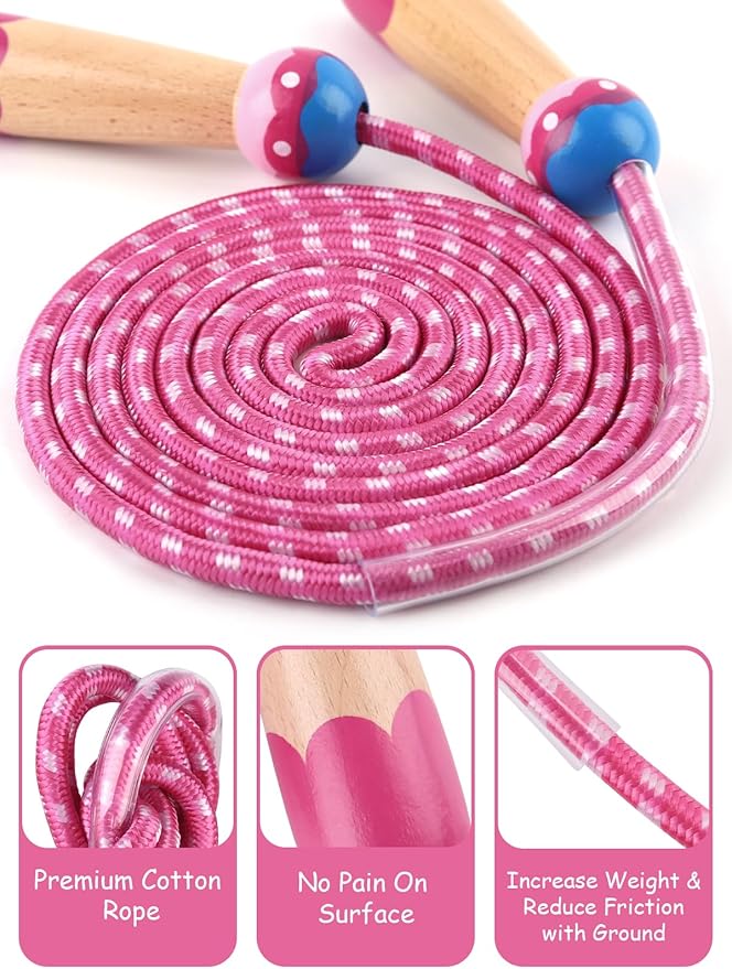 Jump Rope for Kids, Lorvain Adjustable Skipping Rope, Kids Jump Ropes with Wooden Handle for Girls Boys, Weighted Jumping Ropes for Fitness Workout Exercise Outdoor Fun Activity