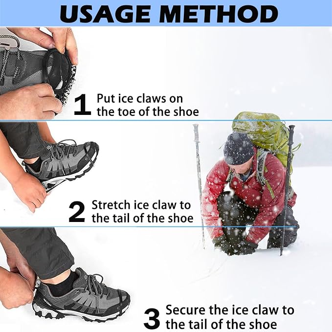 2 Pairs Ice Cleats for Shoes and Boots,Universal 8 Steel Studs Crampon Ice & Snow Grippers for Winter Hiking Climbing Ice Fishing,Anti-Slip