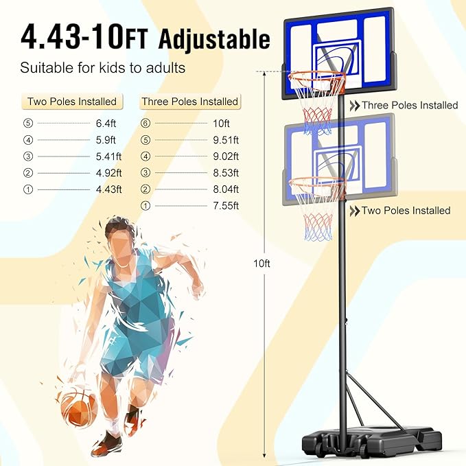 TONBUX Adjustable Basketball Hoop Outdoor 10FT, Basketball Portable Hoops & Goals, 44 Inch Backboard, for Kids, Youth, and Adults in The Backyard, Driveway