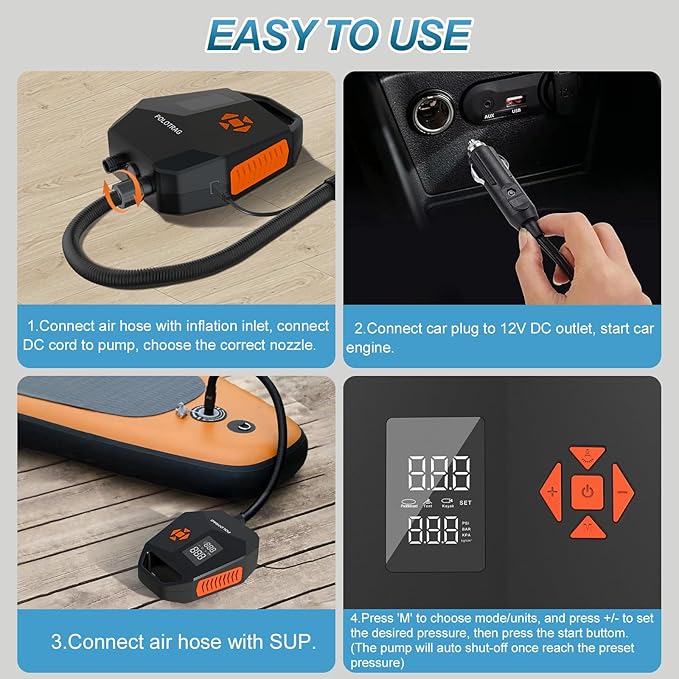 Paddle Board Pump, SUP Pump Electric Portable with Auto-Off/Deflation, 12V DC Car Connector Air Pump for Inflatables, Kayak and Air Mattress