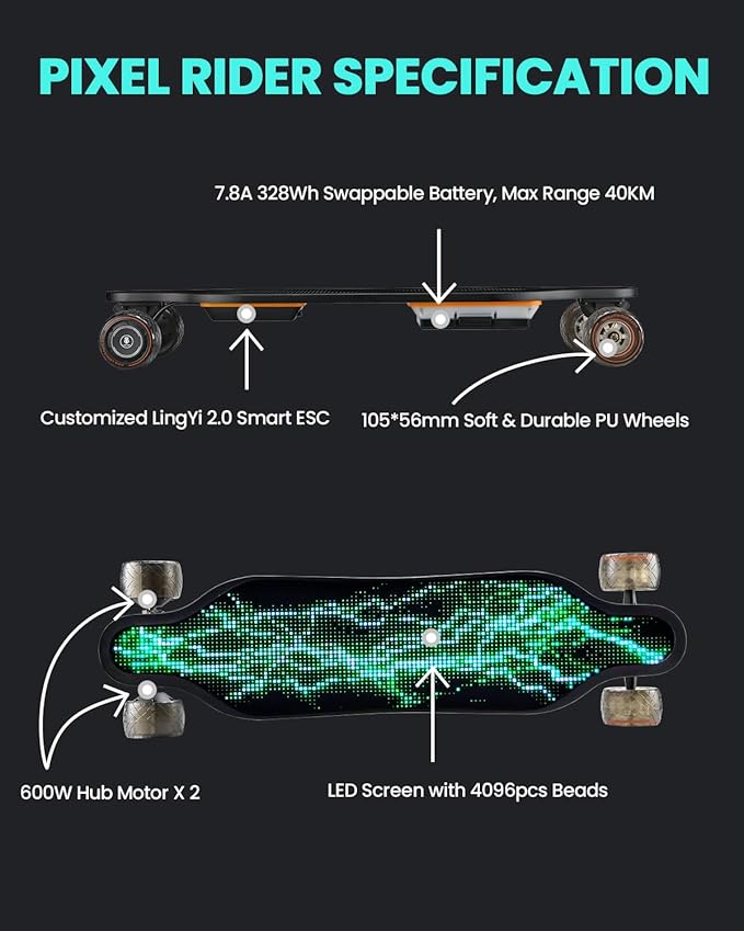 S3/Pixel Rider Electric Skateboards with Remote and Swappable Battery/Top Speed 28 Mph/2 * 600W Motors/12Miles/25Miles Max Range Electric Longboards for Adult&Beginner