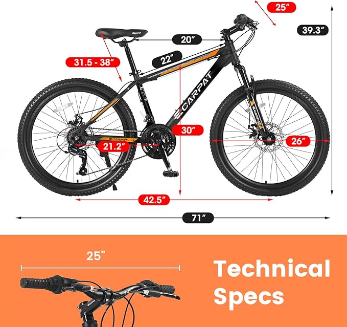 24/26 Inch Mountain Bike, 21 Speed Mountain Bicycle with High Carbon Steel Frame, Dual Disc Brakes and Front Suspension, MTB Bike for Adult Teenagers Boys Girls