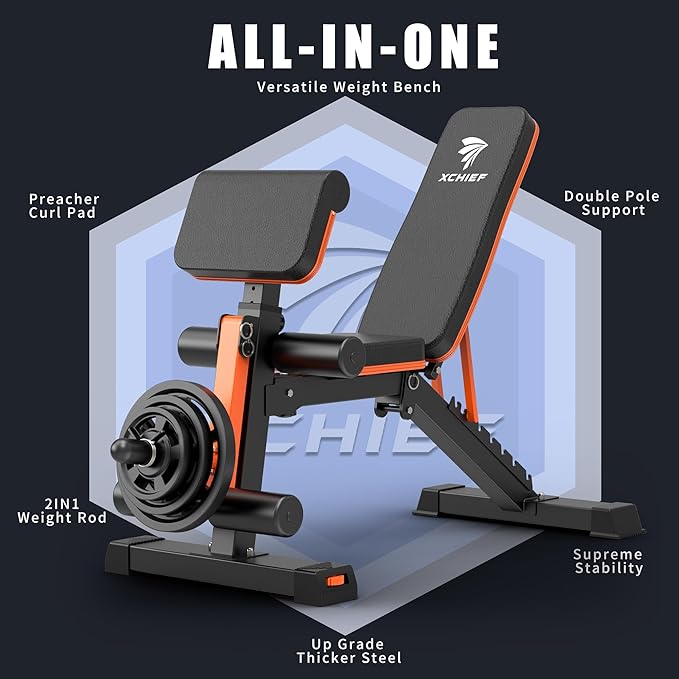 Adjustable Weight Bench - 1000LBS Capacity Heavy Duty Foldable Workout Bench for Full Body Exercise, Flat/Incline/Decline, Bench Press for Home Gym with Preacher Pad & Leg Extension