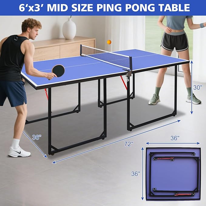 Ping Pong Table Foldable Table Tennis Table with Net, Table Tennis Paddles and Balls, 4.5FT/6FT/9FT MDF Multi-Use Family Game Table for Kid Teenager Adult, Compact & Portable