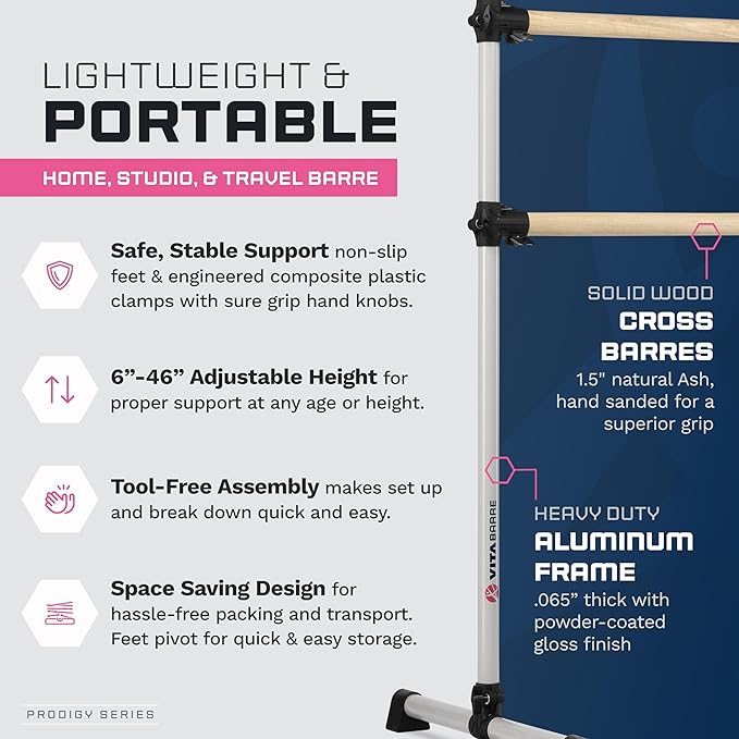 VITA Barre Portable Freestanding Double Ballet Barre, Prodigy, Wood | Adjustable Height, USA Made, Home or Gym Exercise Equipment for Kids & Adults | Dance, Fitness, Pilates