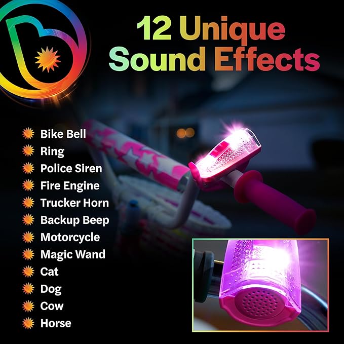 Brightz HornBrightz Light Up LED Bike Horn Light - 12 Unique Sound Effects - Bike Bell, Ring, Police Siren, Fire Engine, Trucker Horn, Backup Beep, Motorcycle, Magic Wand, Cat, Dog, Cow, Horse