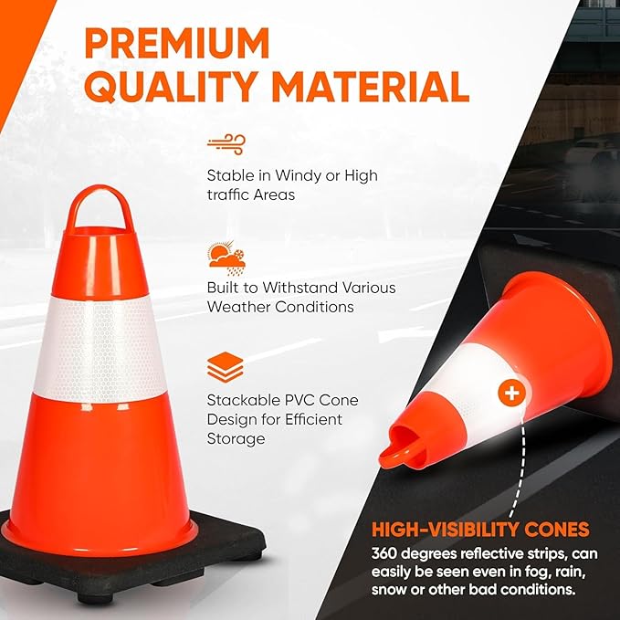 Pyle 12" PVC6-Pack Safety Cones for Sports Training, High-Visibility Orange, Durable, Stackable Design, Heavy-Duty Base for Stability in All Weather