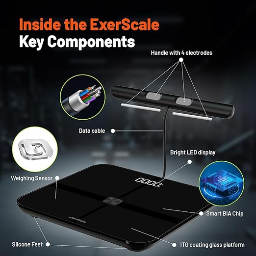 ExerScale AI Smart Scale with Body Weight Prediction, BMI, Body Fat, Muscle Mass, Workout, Food Tracking, Bluetooth Digital Scale with 8 Electrodes, High Accuracy Health Analyzer by EXERCHAIN - Black