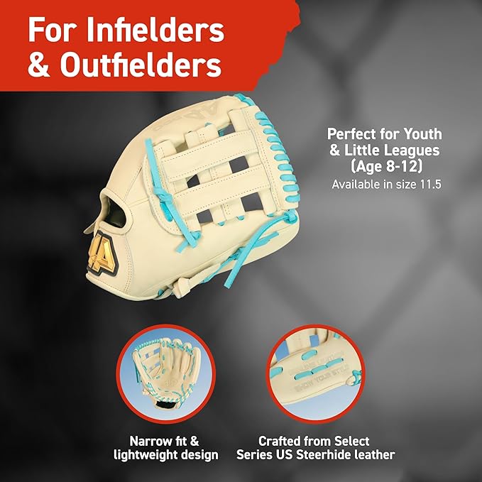 BB Stock Rise Baseball Glove for Youth & Little Leagues, Age 8-12, Infield & Outfield, 11.5", H-Web, Easy Break-in, Narrow Fit & Lightweight Design