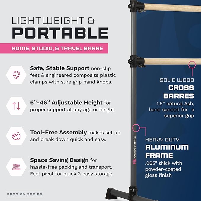 VITA Barre Portable Freestanding Double Ballet Barre, Prodigy, with Carry Bag | Adjustable Height, USA Made, Home or Gym Exercise Equipment for Kids & Adults | Dance, Fitness, Pilates