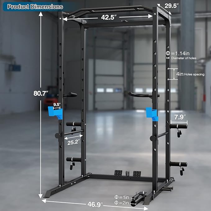Power Cage, Multi-Functional Power Rack with J-Hooks, Dip Handles, Landmine Attachment and Optional Cable Pulley System for Home Gym