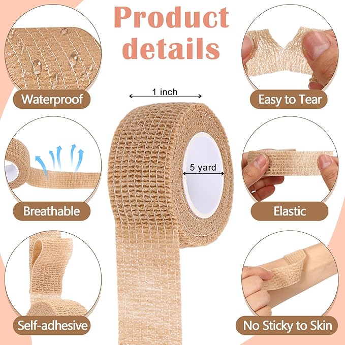 Treela 64 Pack 1" x 5 Yards Self Adhesive Cohesive Bandage Wraps, Elastic Breathable Athletic Tape, Flexible Self Adherent Bandage Rolls for Wrist, Ankle, Fingers, Sports & Pets (Beige)