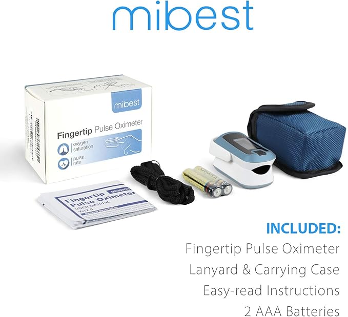 mibest OLED Finger Pulse Oximeter, O2 Meter, Dual Color White/Light Blue