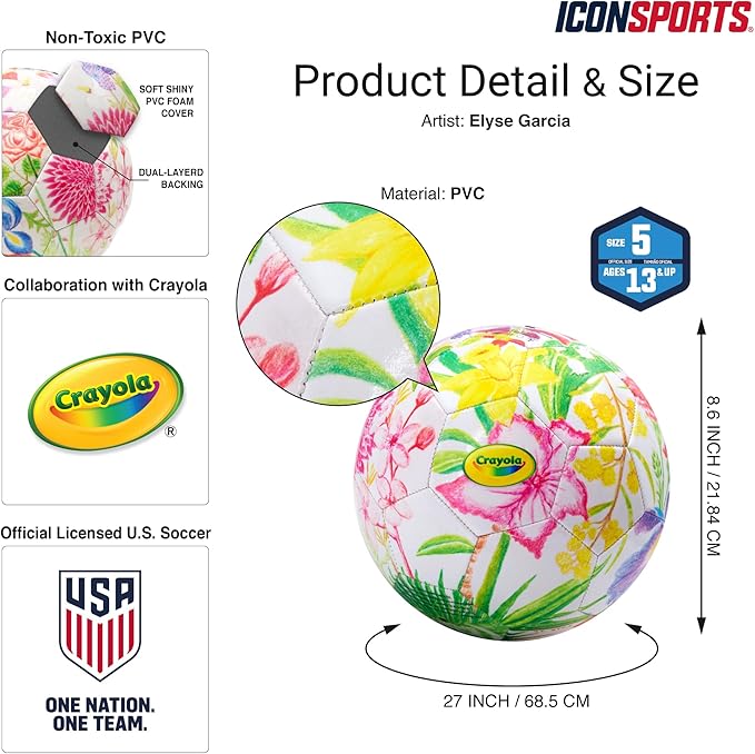 Icon Sports Officially Licensed U.S. Soccer Federation Size 5 Soccer Ball | Crayola & Fox Sport Collaberation Flower Ball by Elysa Garcia