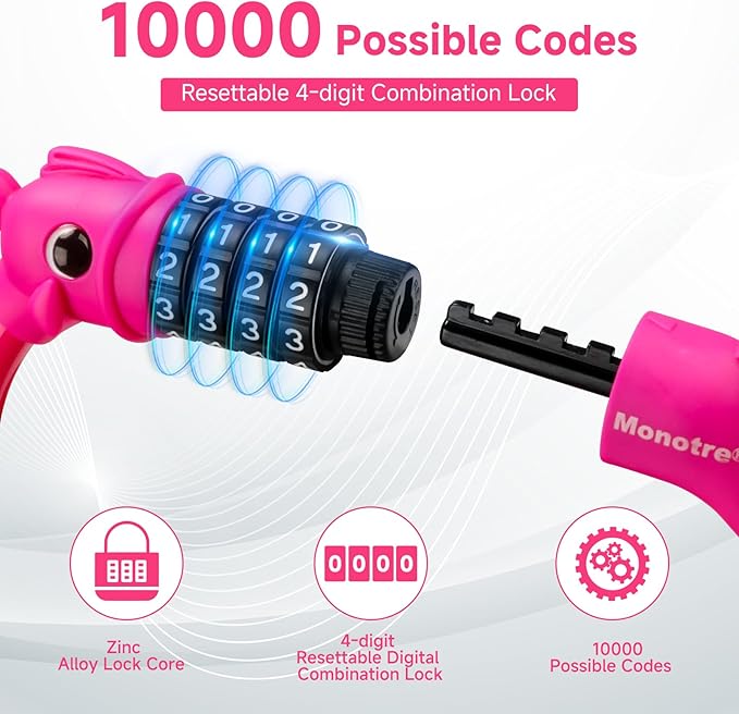 Bike Lock, 3.9 Feet 4-Digit Resettable Combination Password Anti-Theft Cable Lock, Cute Coiled Bike Lock with Mounting Bracket, Suitable for Bicycles, Electric Scooters, Ebikes (Pink-10mm)
