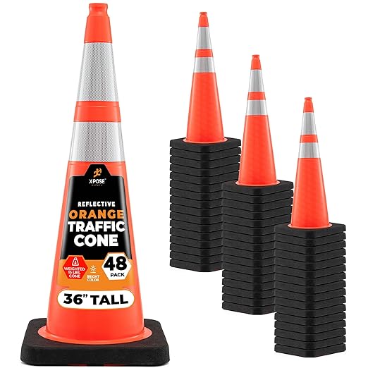 Xpose Safety 36 Inch Orange Traffic Cones Heavy Duty 15lb with 6" & 4" Collars, 48 Pack - Multipurpose PVC Plastic Safety Cone for Parking, Soccer, Caution, Kids and Construction - DOT Approved