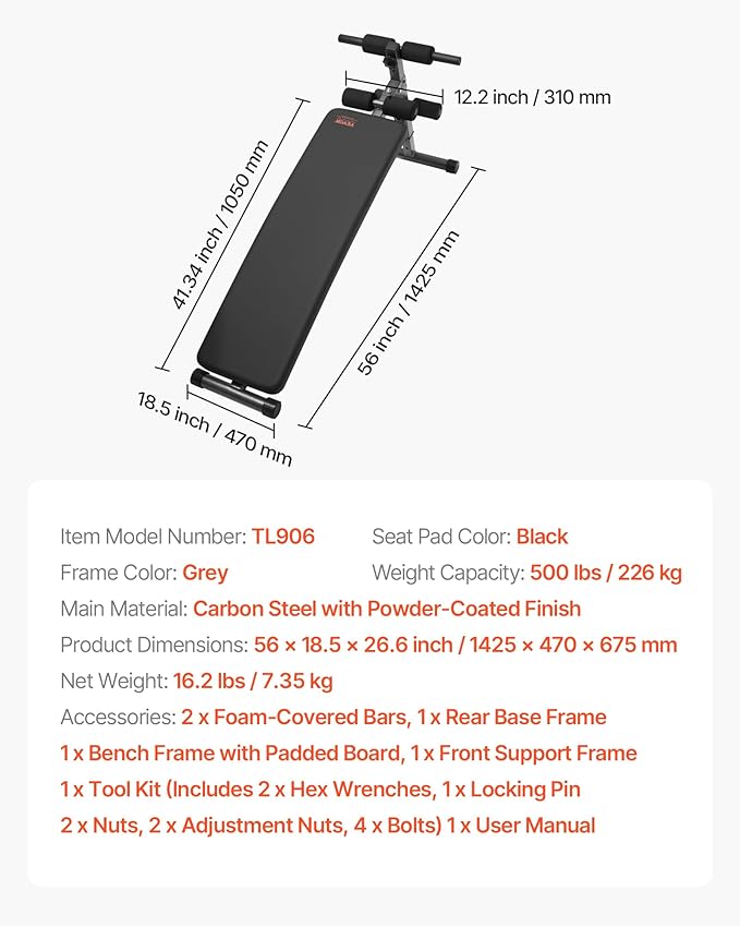 VEVOR Sit Up Bench, Decline Ab Bench with Reverse Crunch Handle, Adjustable Height Setting, Heavy Duty Steel, 500/600/1000 Lbs Capacity for Home Gym Workouts, Strength Training, Full Body Muscles