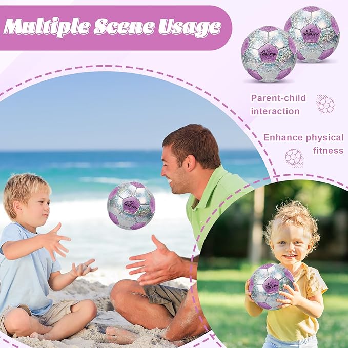 Soccer Ball Size 3 4 5 Glitter Pink Purple Silver with Pump Toddler Soccer Ball for Kids Aged 3-6 6-8 8-12 Outdoor Training Ball for Girls Boys Children Youth Teens