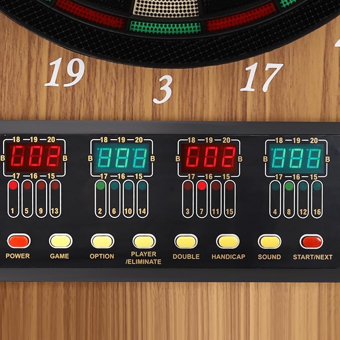 Electronic Dartboard Cabinet Set 4 LED Digital Scoreboards Dart Board with Built-in Cabinet and Dart Storage for 12 Soft Tip Darts Up to 16 Players Over 27 Games with 243 Options for Adults