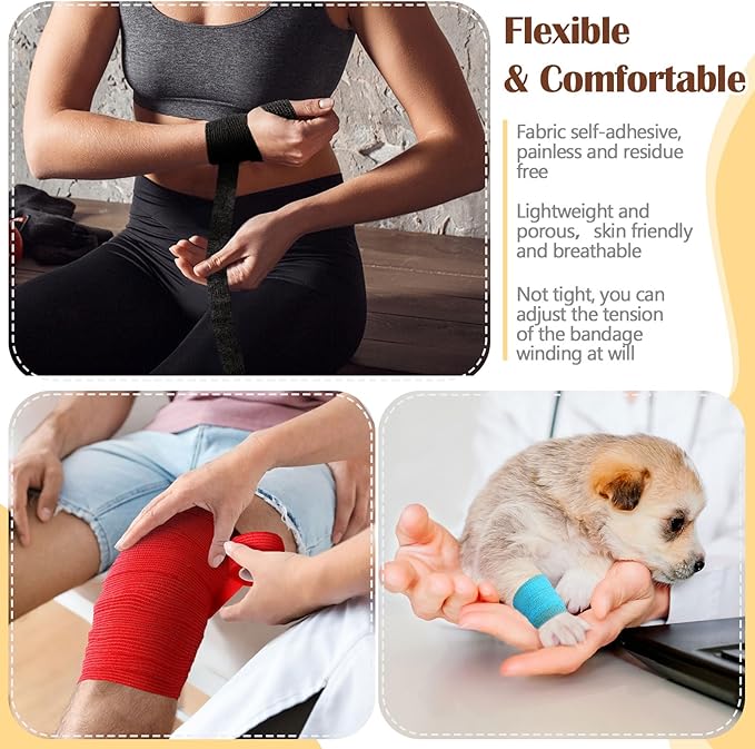 Treela 64 Pack 1" x 5 Yards Self Adhesive Cohesive Bandage Wraps, Elastic Breathable Athletic Tape, Flexible Self Adherent Bandage Rolls for Wrist, Ankle, Fingers, Sports & Pets (Multi Color)
