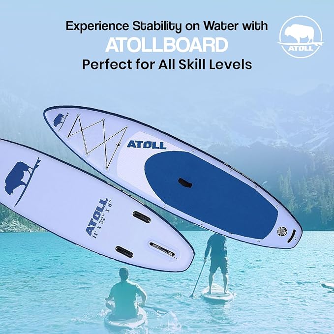 Atoll Inflatable Stand Up Paddle Board ISUP, Bravo Hand Pump and 3 Piece Paddle, Travel Backpack and Accessories New Leash Included Two Sizes - 11ft and 9ft