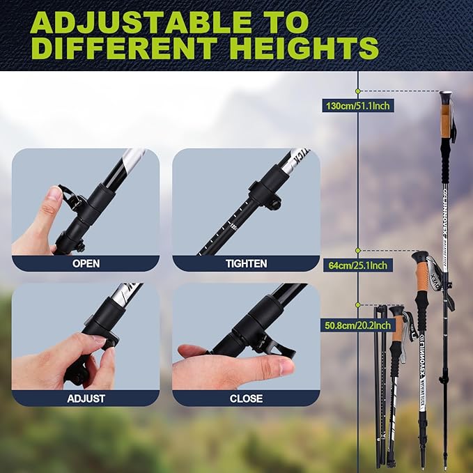 Trekking Poles - Lightweight, Collapsible, Adjustable Hiking Poles with Quick Flip Lock, 7075 Aluminum, Natural Cork Grip, Anti Shock Walking Sticks for All Terrain, Men and Women, 2 Pack