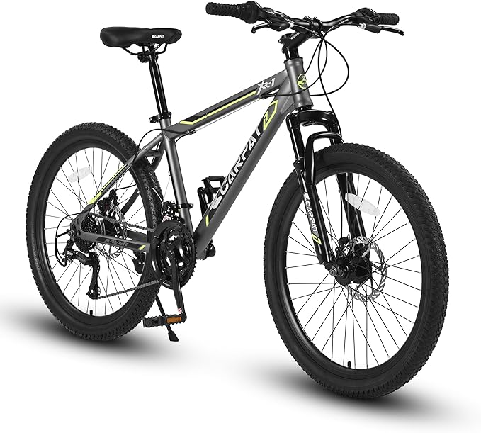 24/26 Inch Mountain Bike, 21 Speed Mountain Bicycle with High Carbon Steel Frame, Dual Disc Brakes and Front Suspension, MTB Bike for Adult Teenagers Boys Girls
