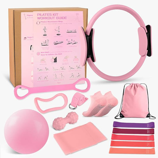 Home Pilates Essentials Kit for Women, Pilates Equipment Ring and Ball Set, Pink Workout Set Including Magic Circle, 5 Loop Bands ,Massage Ball, Premium Kits for Starter Toning Workouts at Home