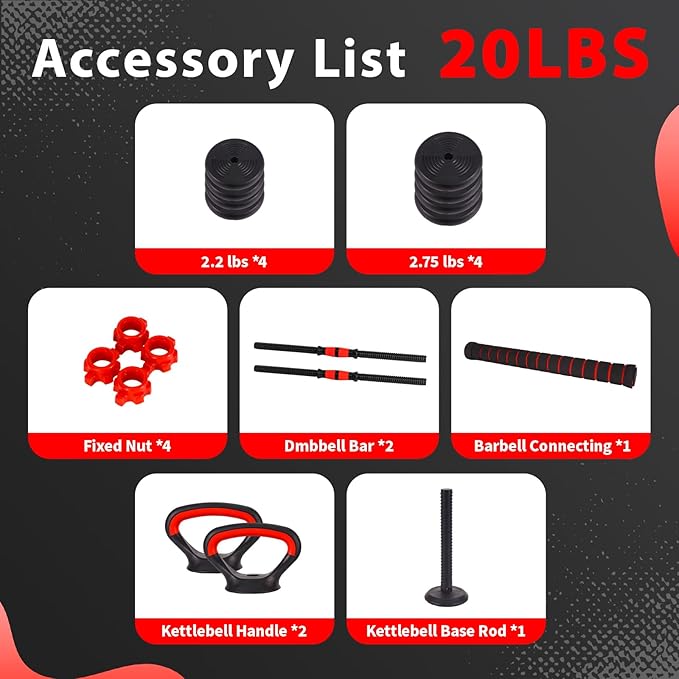 Adjustable Dumbbells Set - 20lbs/30lbs/70lbs/90lbs Multi-Functional Fitness Set, Kettlebell & Barbell Patterns, Beginner Dumbbell Fitness