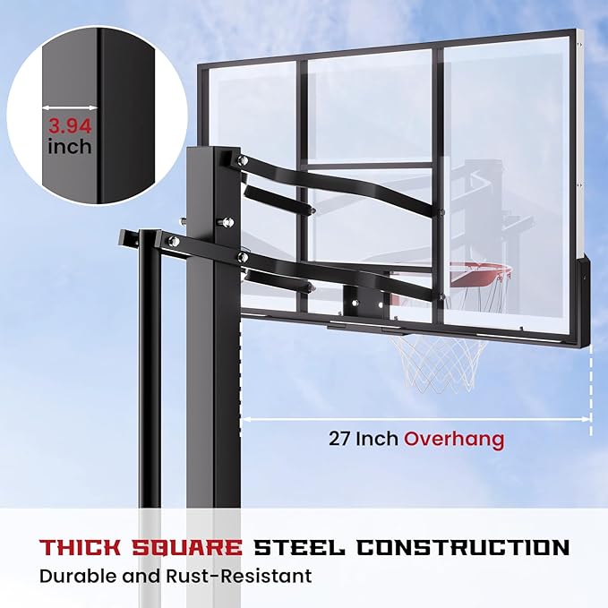 IGL In-Ground Basketball Hoops with 54-60 Inch Tempered Glass Backboard,7.5-10ft Height Adjustable Basketball Goal System, Reinforced and Thickened Square Tube Iron Steel