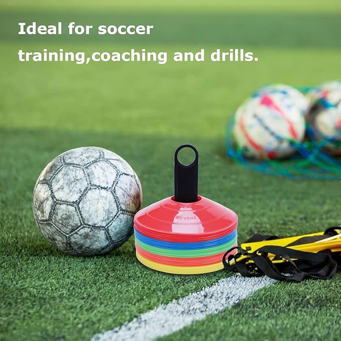 KEVENZ 50-Pack Soccer disc Cones,More Thicker, More Flexible,Multi Color Cone for Agility Training, Soccer, Football, Kids, Field Marker